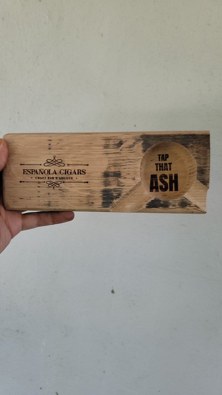 Laser engraved bourbon barrel stave cigar ashtray
