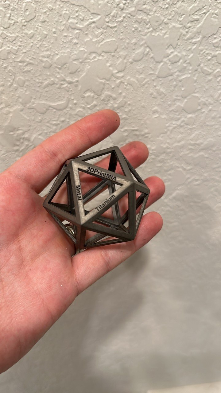3DPRINTMIA branded icosahedron model printed in titanium