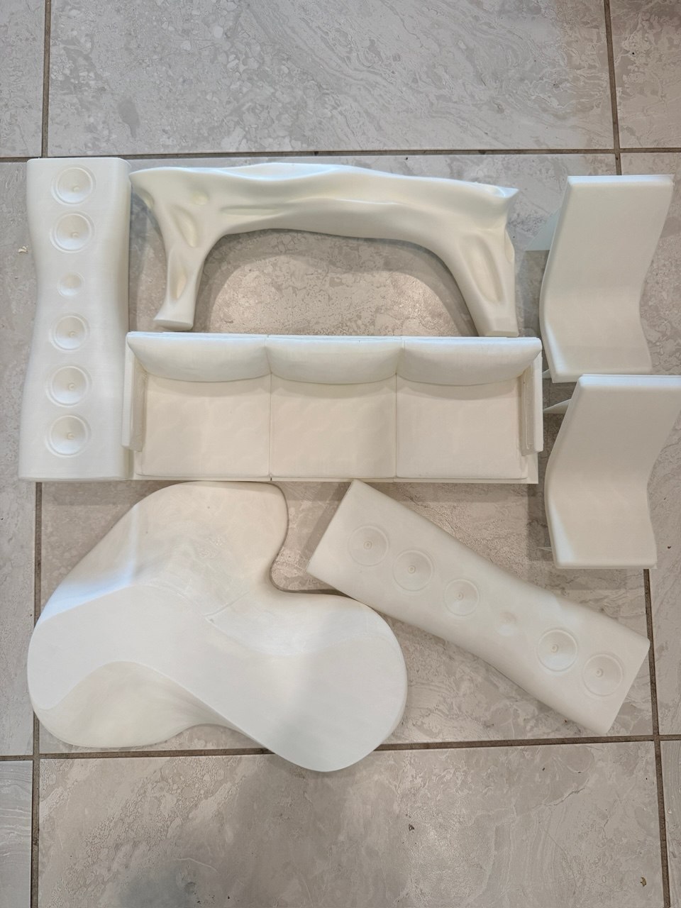 3D printed miniature furniture set including sofa and chairs