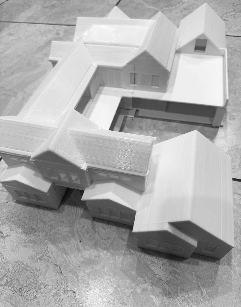 3D printed architectural house model with roofs installed