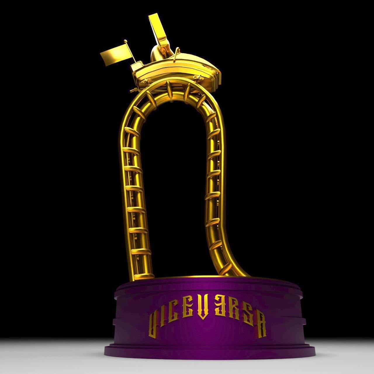 Gold rollercoaster loop trophy on a purple base