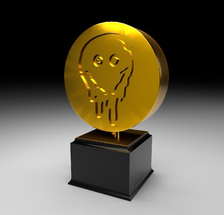 Gold dripping skull medallion trophy on a black base
