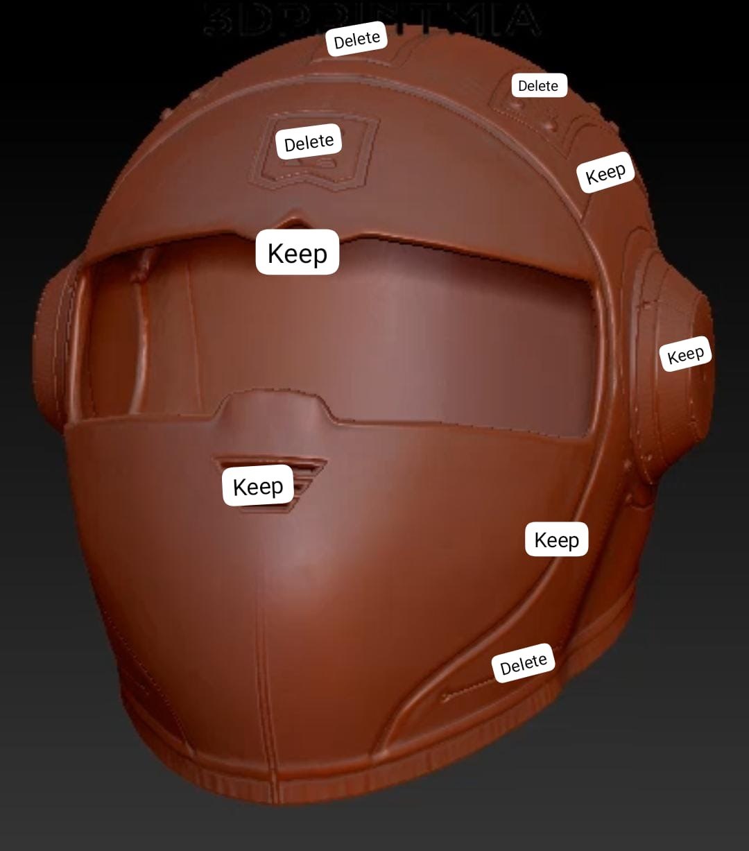 3DPRINTMIA CAD render of a helmet with keep/delete feature markup