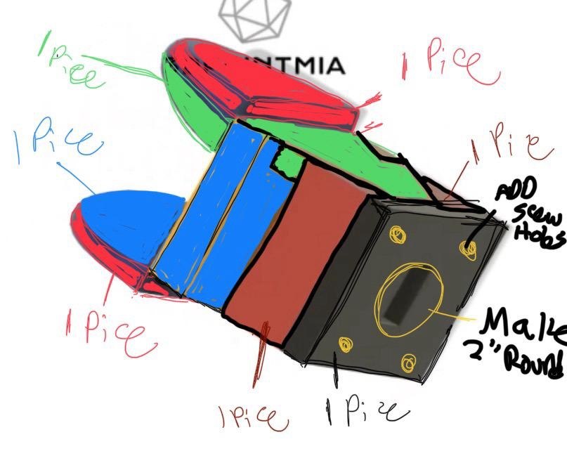 Annotated CAD sketch breaking a part down into pieces with design notes
