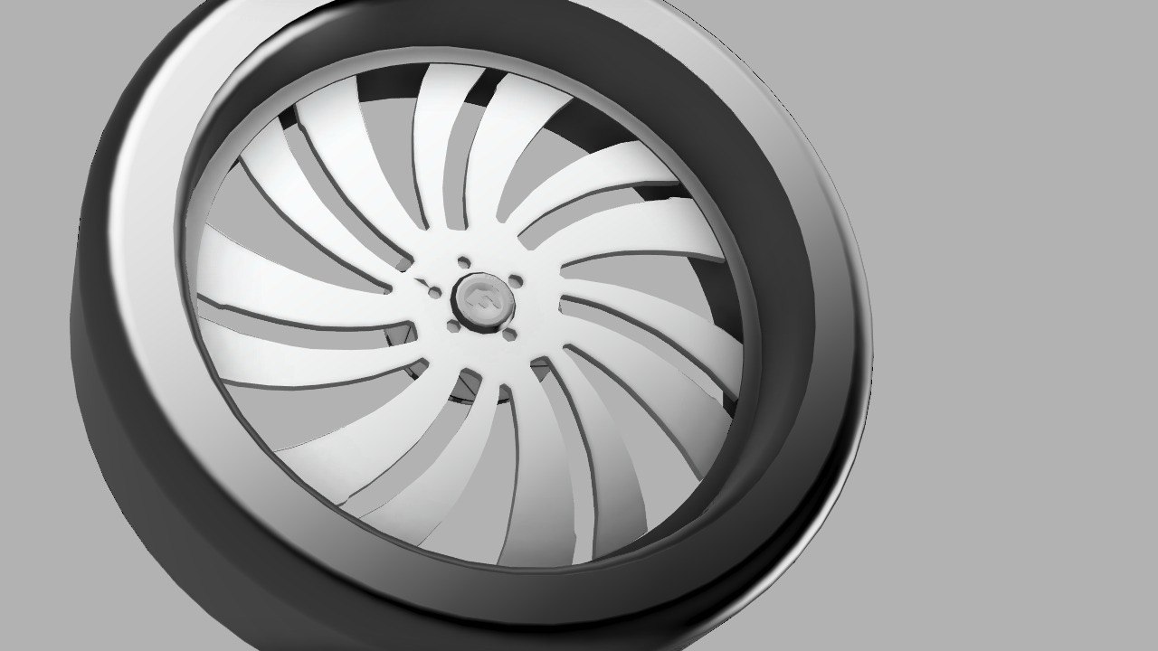 CAD render of a custom swirl-spoke wheel with tire
